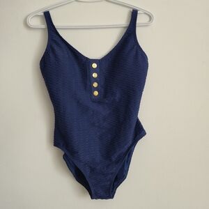 Bleu Rod Beattie Navy Smocked Gold Button One Piece with Snap Closures